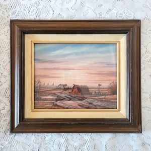 Vintage Wooden Framed Art Pioneer Farmhouse Red Barn Yard Print